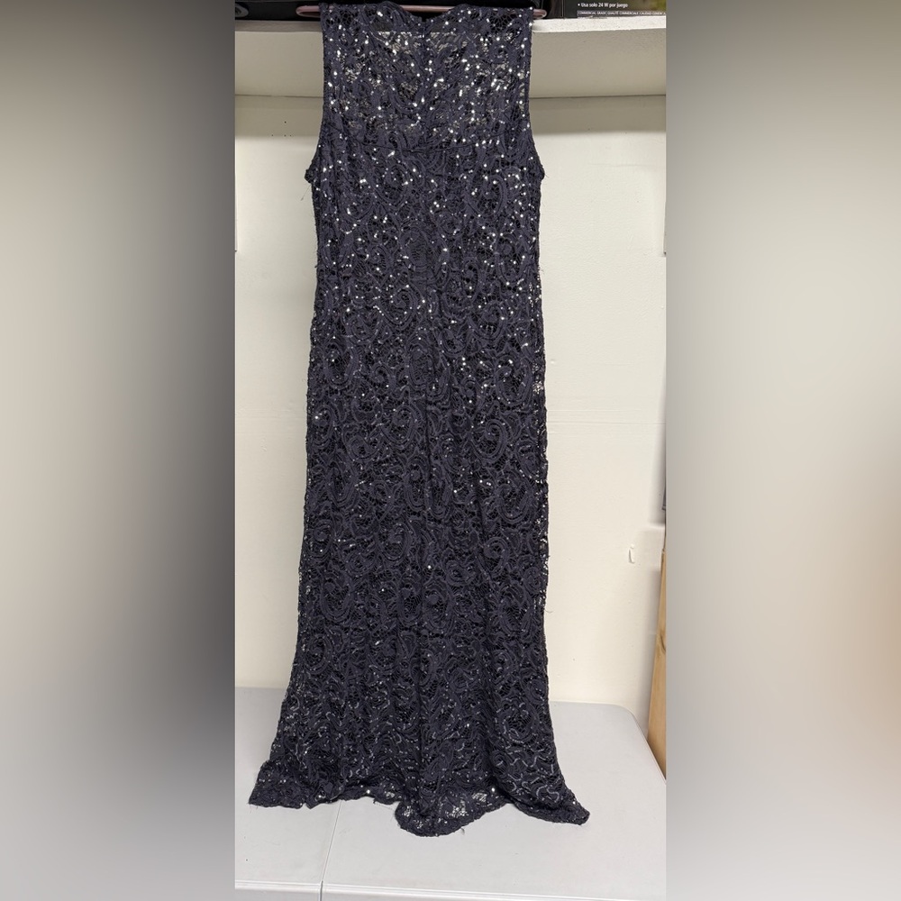 MARINA Sequin Lace Maxi Gown Formal Size XL Sleeveless Illusion Dress Blue\Gray - Picture 2 of 5